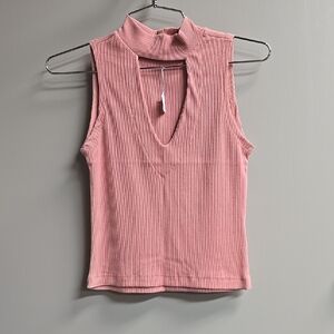 Pink Ribbed Tank Top with Mandarin Collar